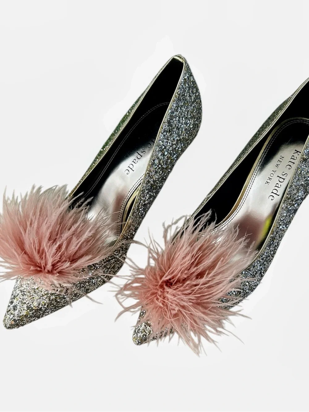kate spade glitter ballet flats with pink feather pom